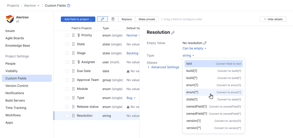 change field type in project change field type in project