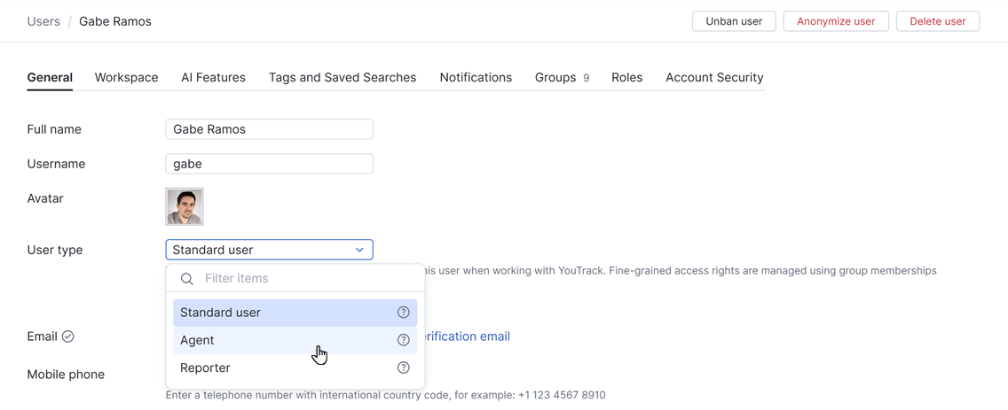 The user type options in the user profile The user type options in the user profile