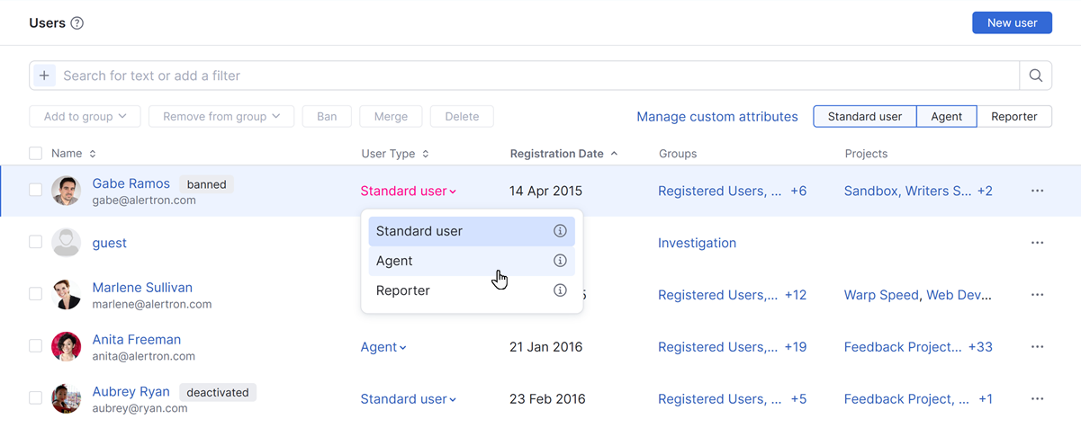The user type options The user type options