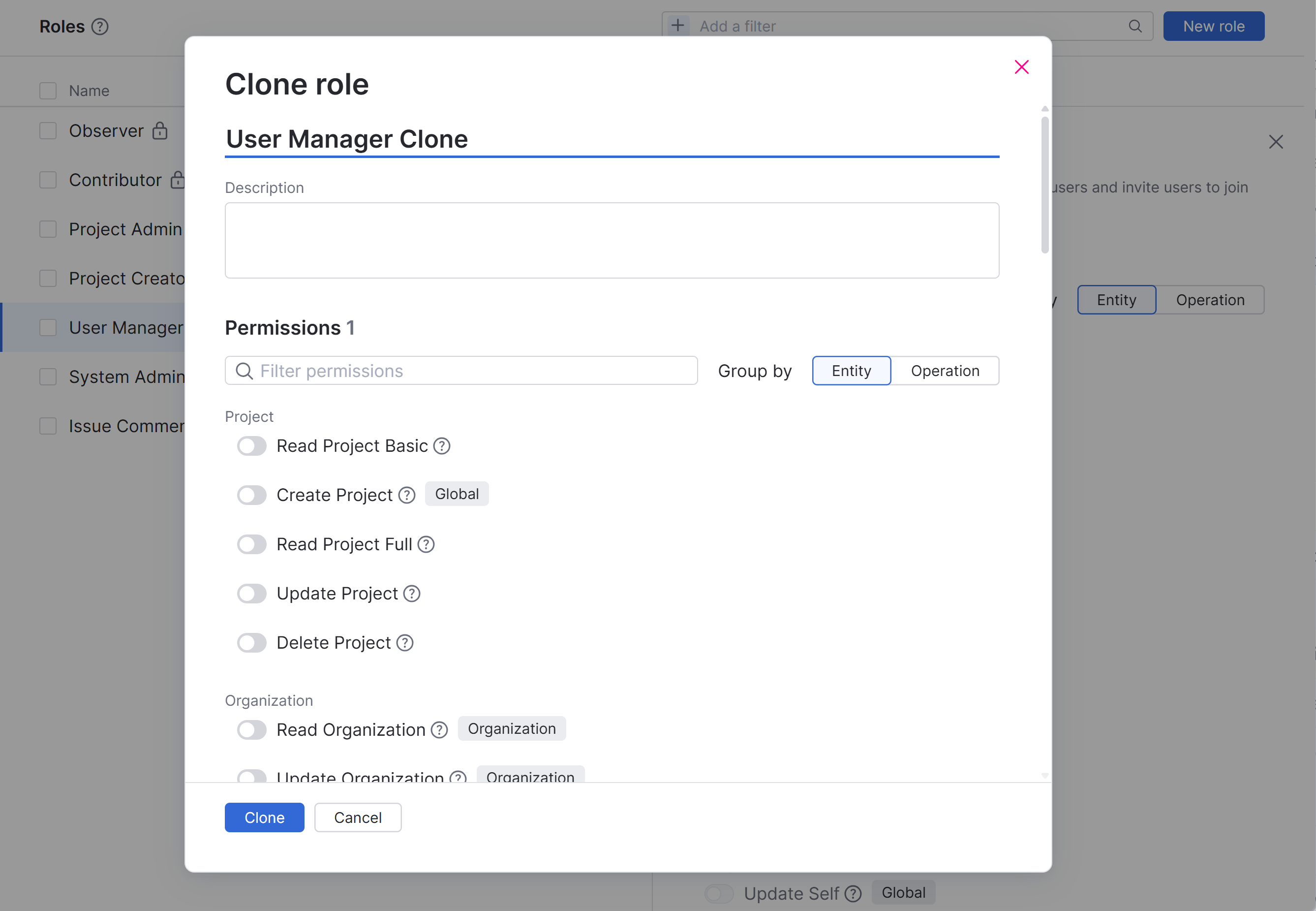Clone role dialog Clone role dialog