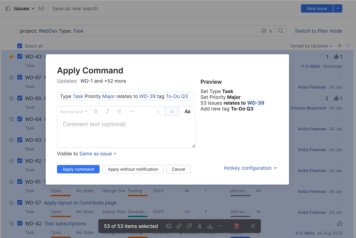 The Apply Command dialog. The Apply Command dialog.