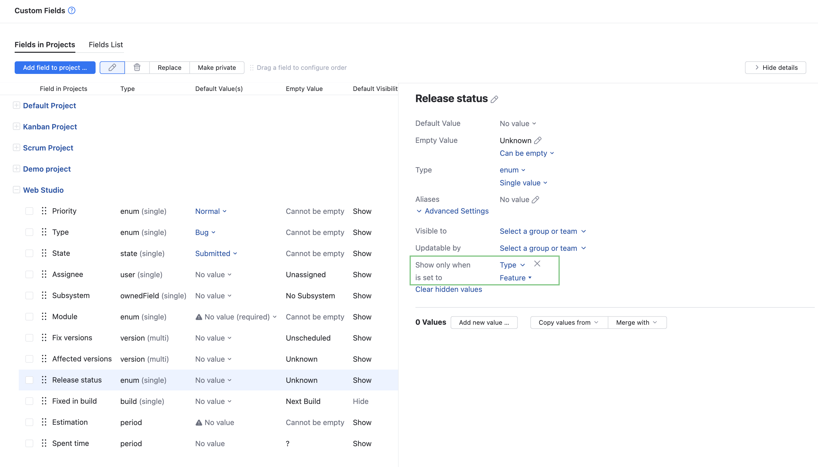 Conditional custom field administration Conditional custom field administration