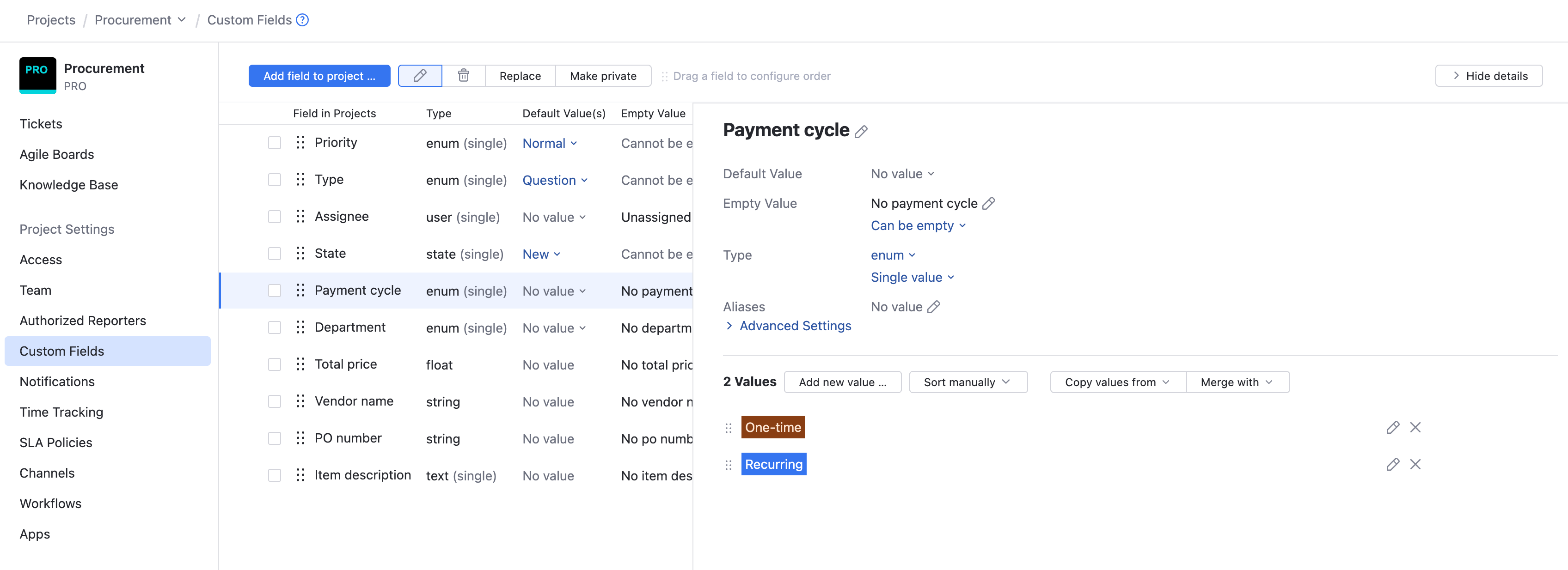 Custom fields in a project for an IT service desk. Custom fields in a project for an IT service desk.
