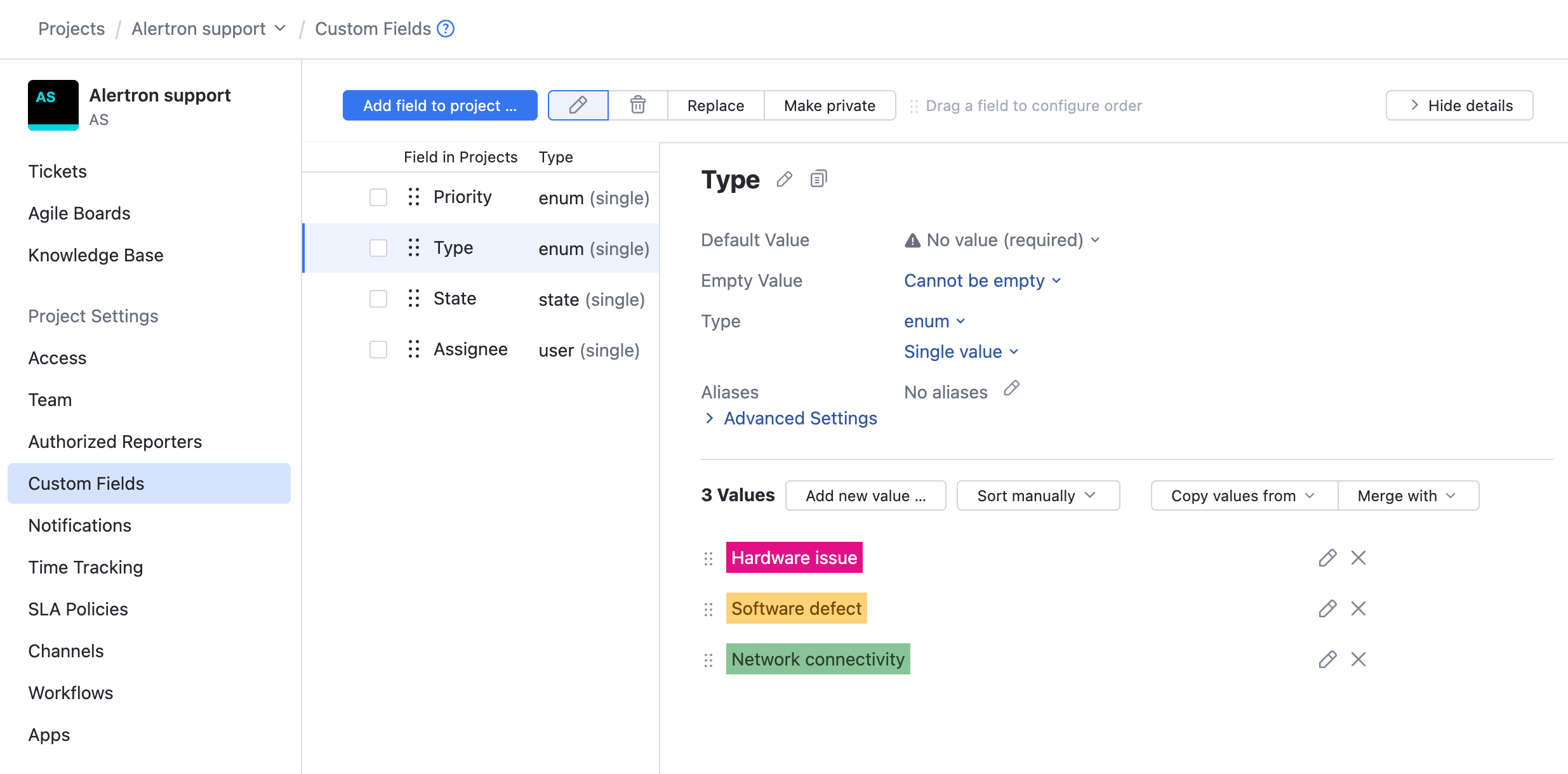 Custom fields in a project for an IT service desk. Custom fields in a project for an IT service desk.
