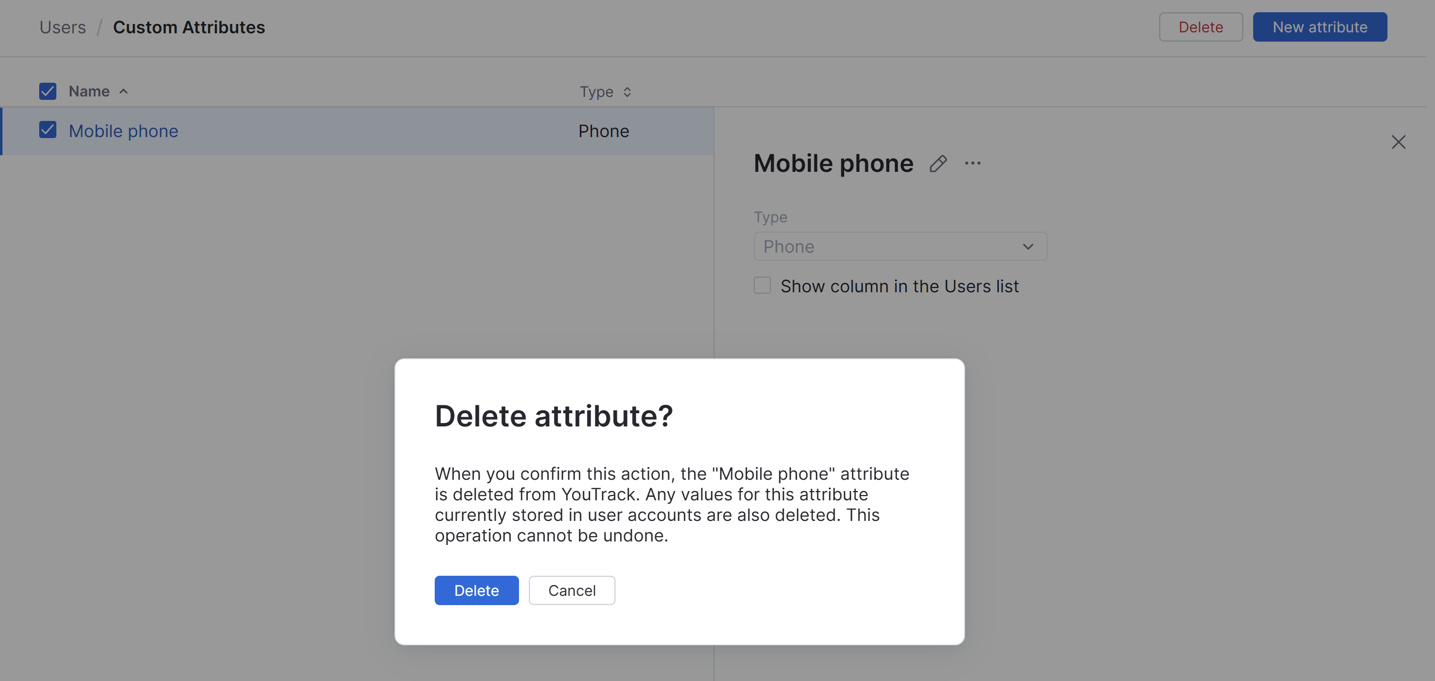 Confirmation dialog for deleting a custom attribute. Confirmation dialog for deleting a custom attribute.