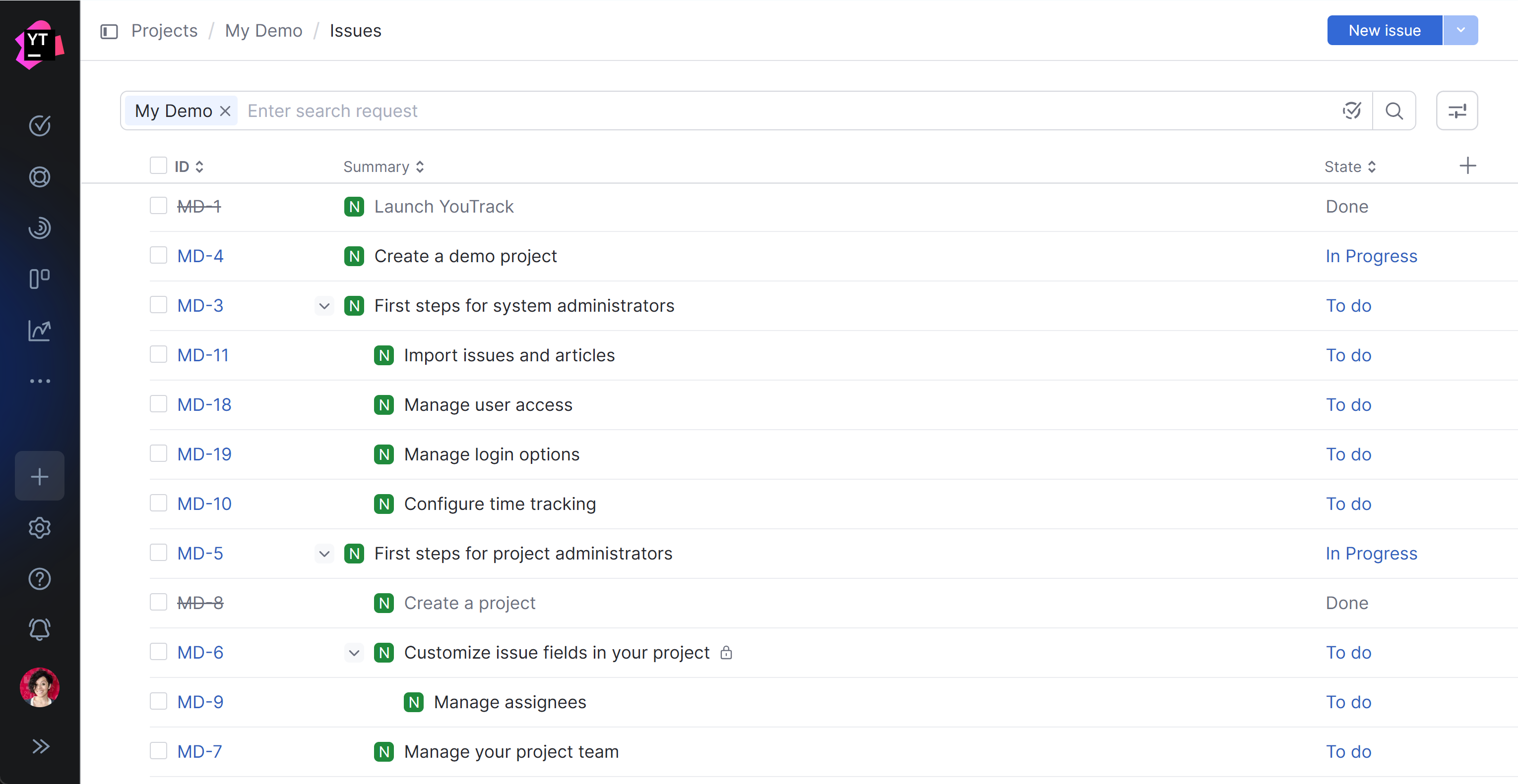 Issues in the demo project in tree view. Issues in the demo project in tree view.