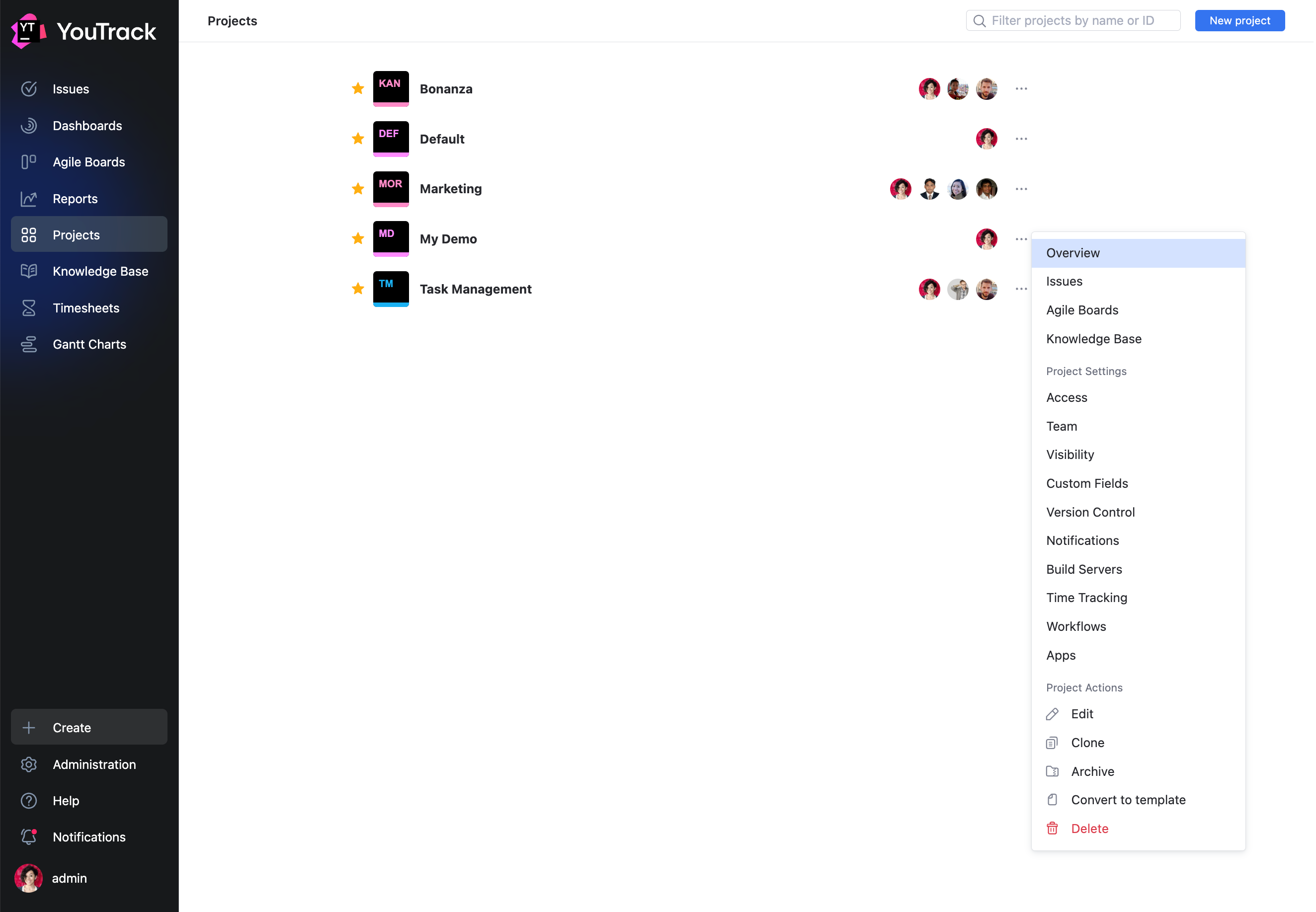 Menu options for a demo project in the Projects list. Menu options for a demo project in the Projects list.