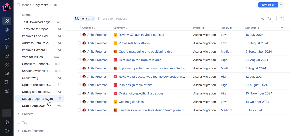 List of issue drafts in YouTrack. List of issue drafts in YouTrack.