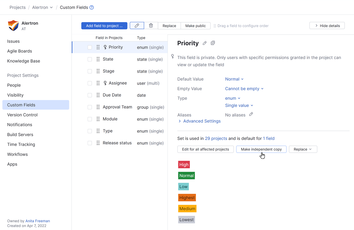 Edit set of values in project Edit set of values in project