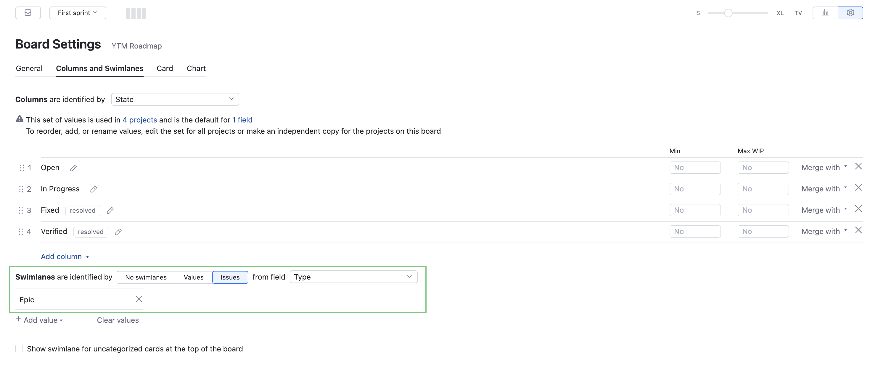Epics board settings Epics board settings