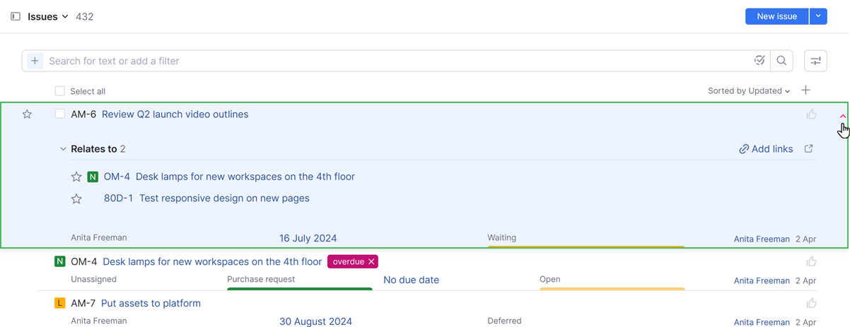 Control to expand the detail for a single issue in the Issues list. Control to expand the detail for a single issue in the Issues list.