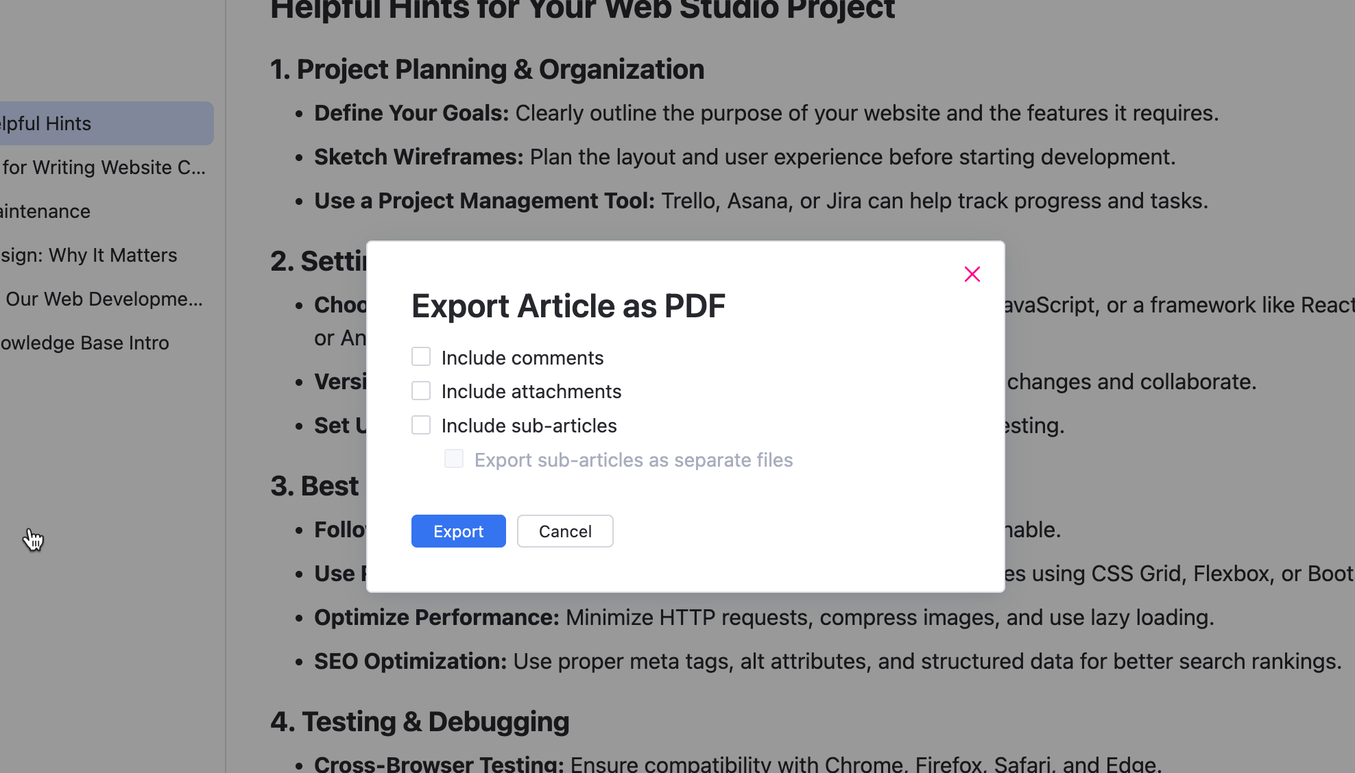 The Export Article as PDF dialog. The Export Article as PDF dialog.