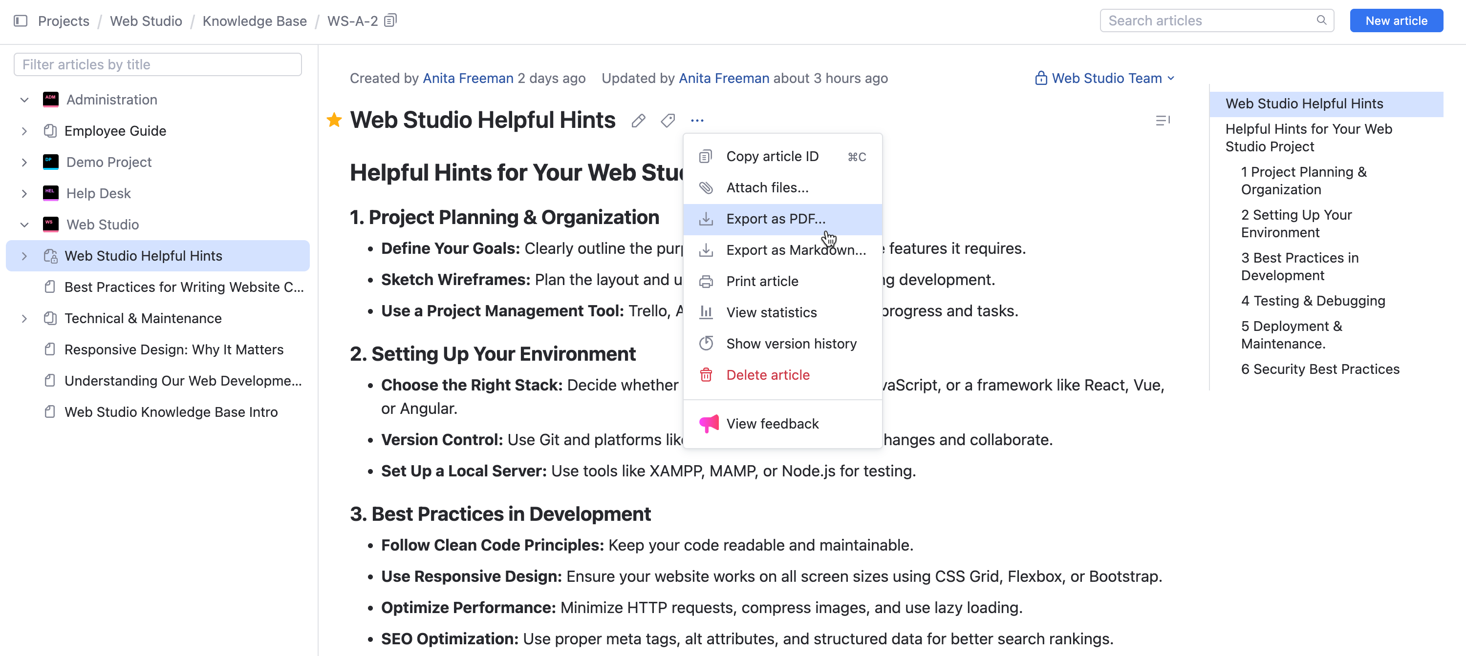 The option to export an article as a PDF file. The option to export an article as a PDF file.