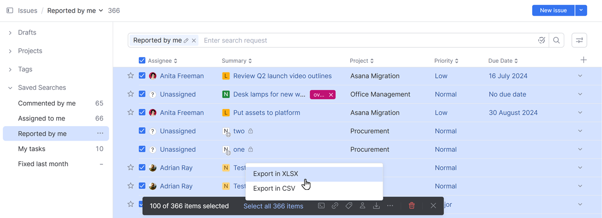 Export options in the new Issues list. Export options in the new Issues list.