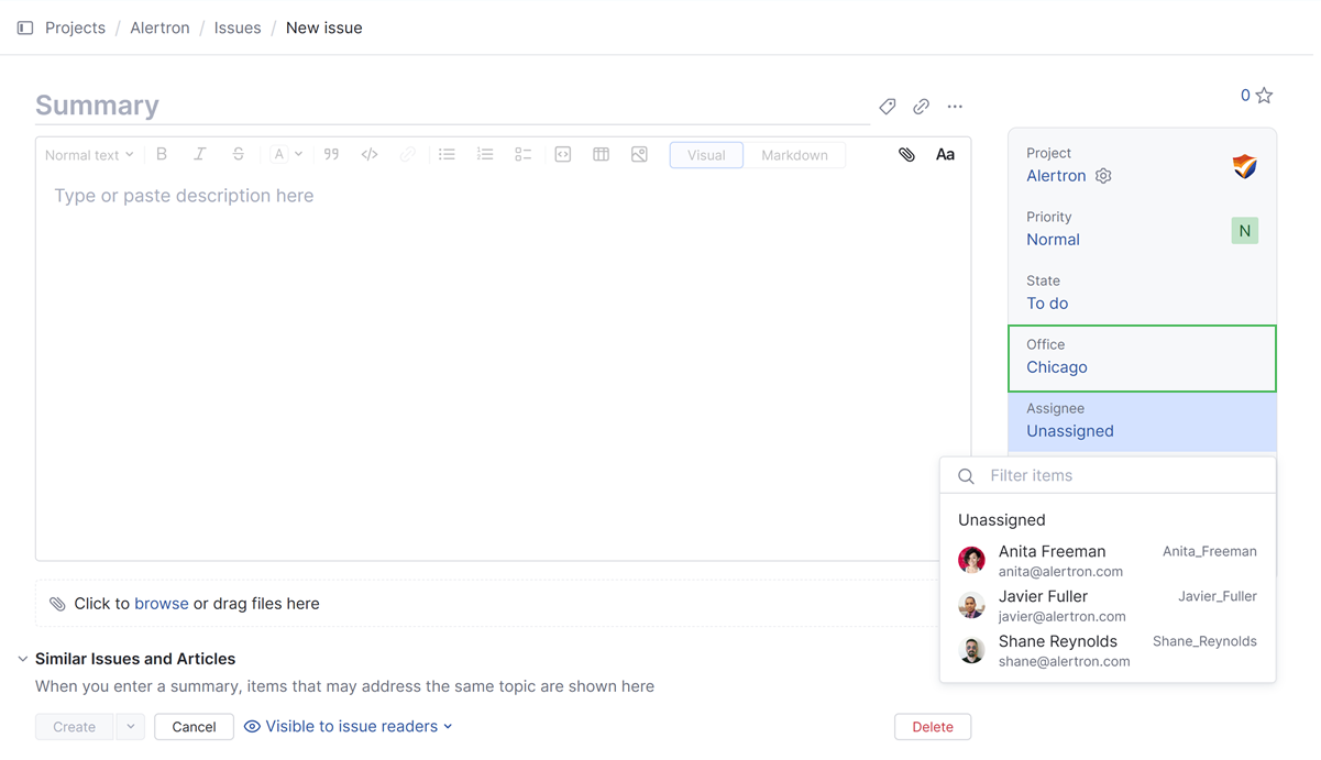Available values for the Assignee field when the office is Chicago. Available values for the Assignee field when the office is Chicago.