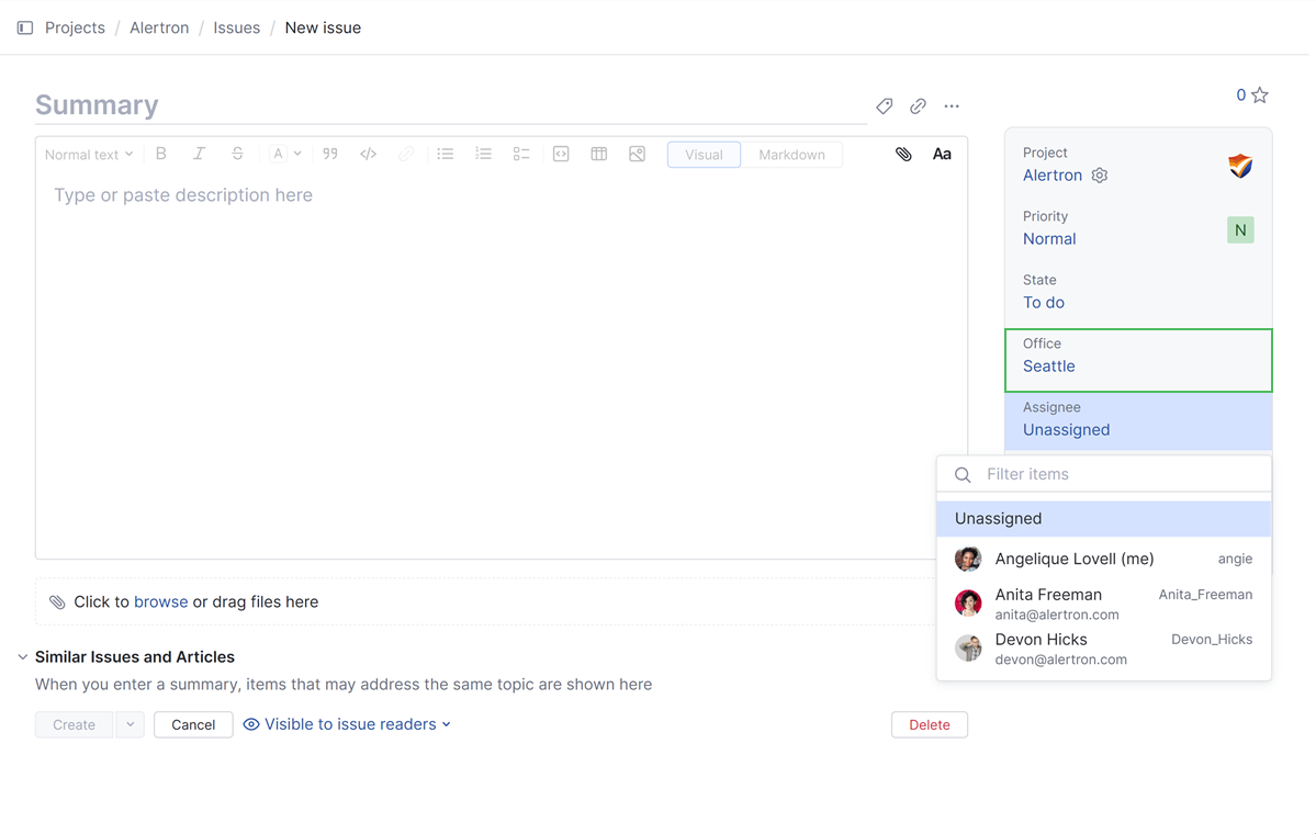 Available values for the Assignee field when the office is Seattle. Available values for the Assignee field when the office is Seattle.