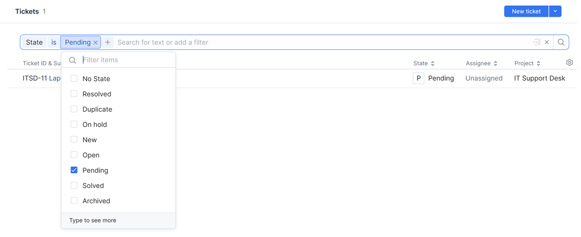 Filtering tickets by state. Filtering tickets by state.