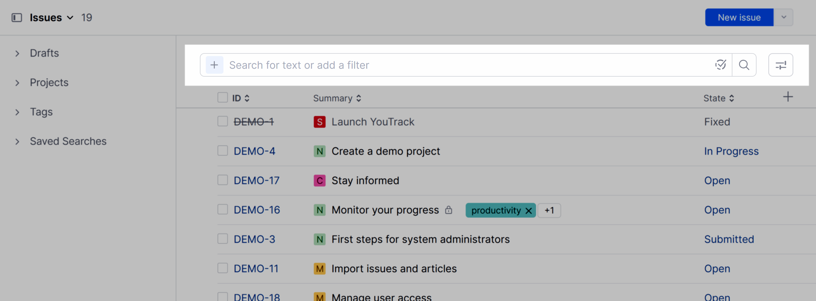 Search and filter options in YouTrack. Search and filter options in YouTrack.