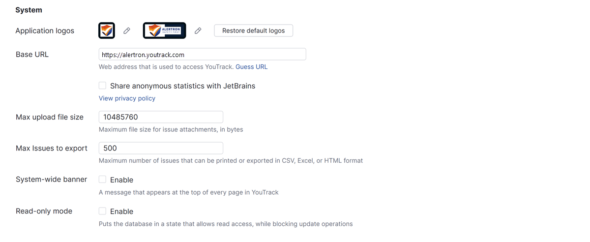 system settings for YouTrack Server system settings for YouTrack Server