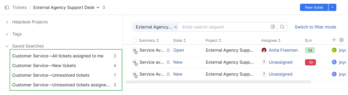 The list of default saved searches for helpdesk agents. The list of default saved searches for helpdesk agents.