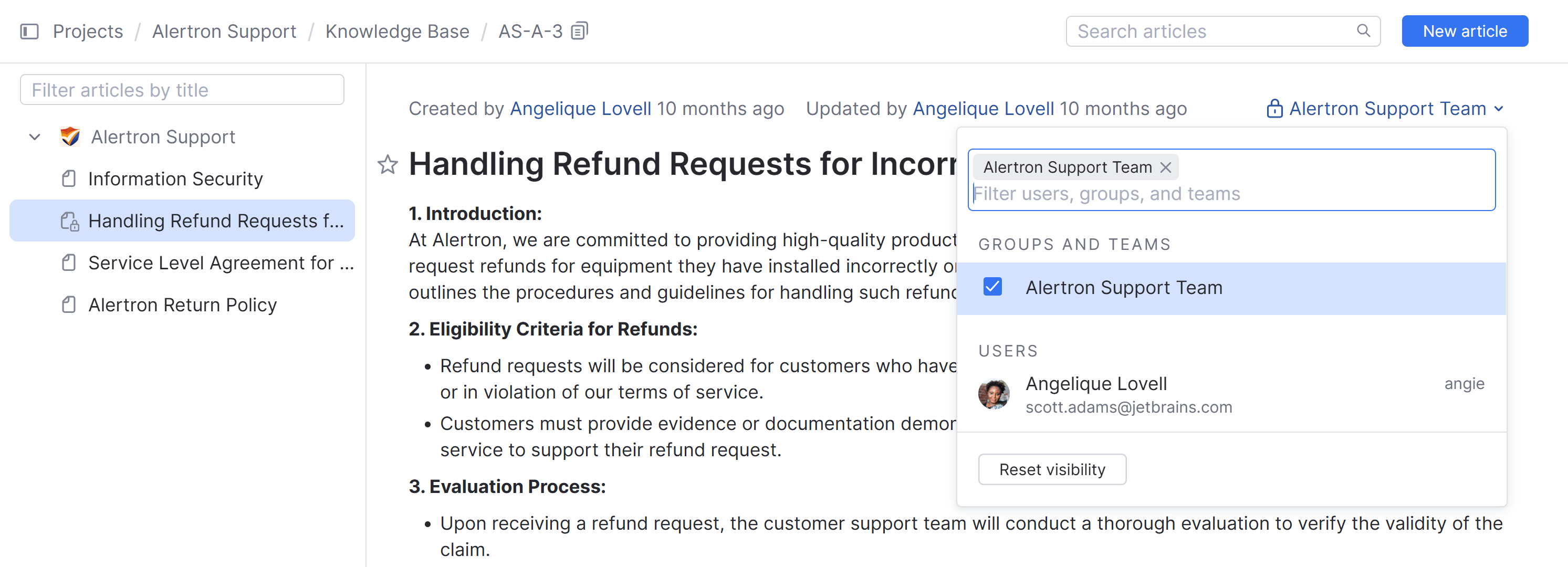 The visibility settings for an article in the helpdesk knowledge base. The visibility settings for an article in the helpdesk knowledge base.