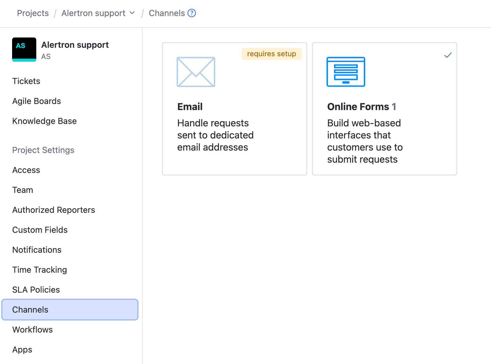 The Channels page in the helpdesk project settings. The Channels page in the helpdesk project settings.