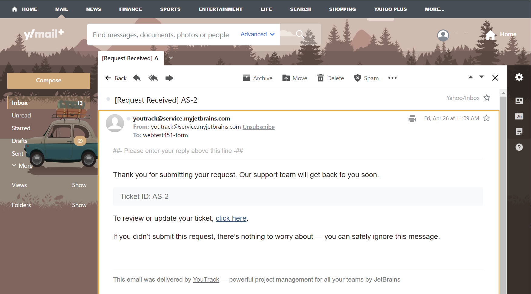 The confirmation email sent for tickets created using an online form. The confirmation email sent for tickets created using an online form.