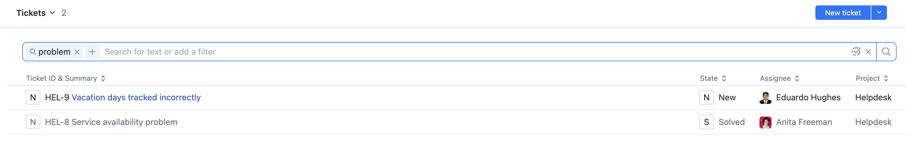 Type keywords to filter tickets Type keywords to filter tickets