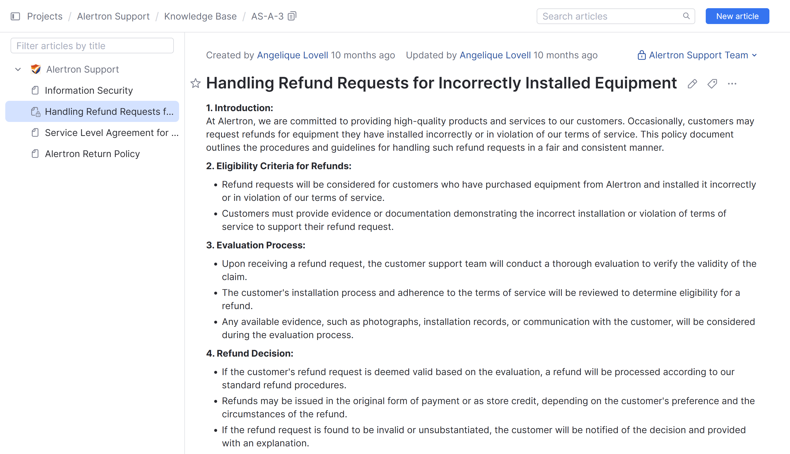 An internal article in a knowledge base. An internal article in a knowledge base.