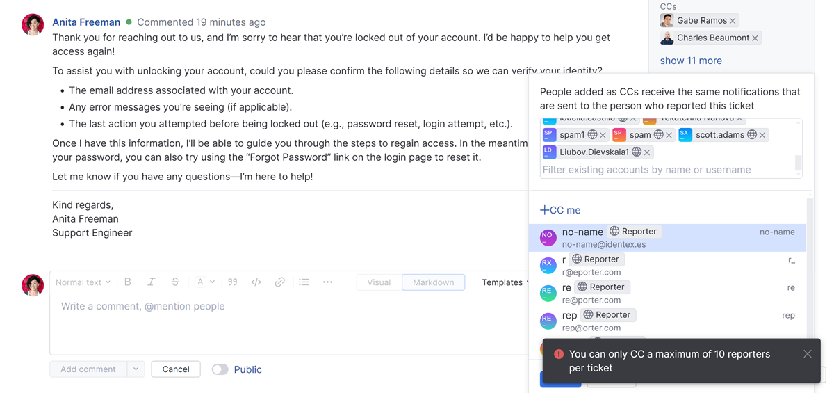 Warning when you try to add more than 10 reporters to the list of CCs in a ticket. Warning when you try to add more than 10 reporters to the list of CCs in a ticket.