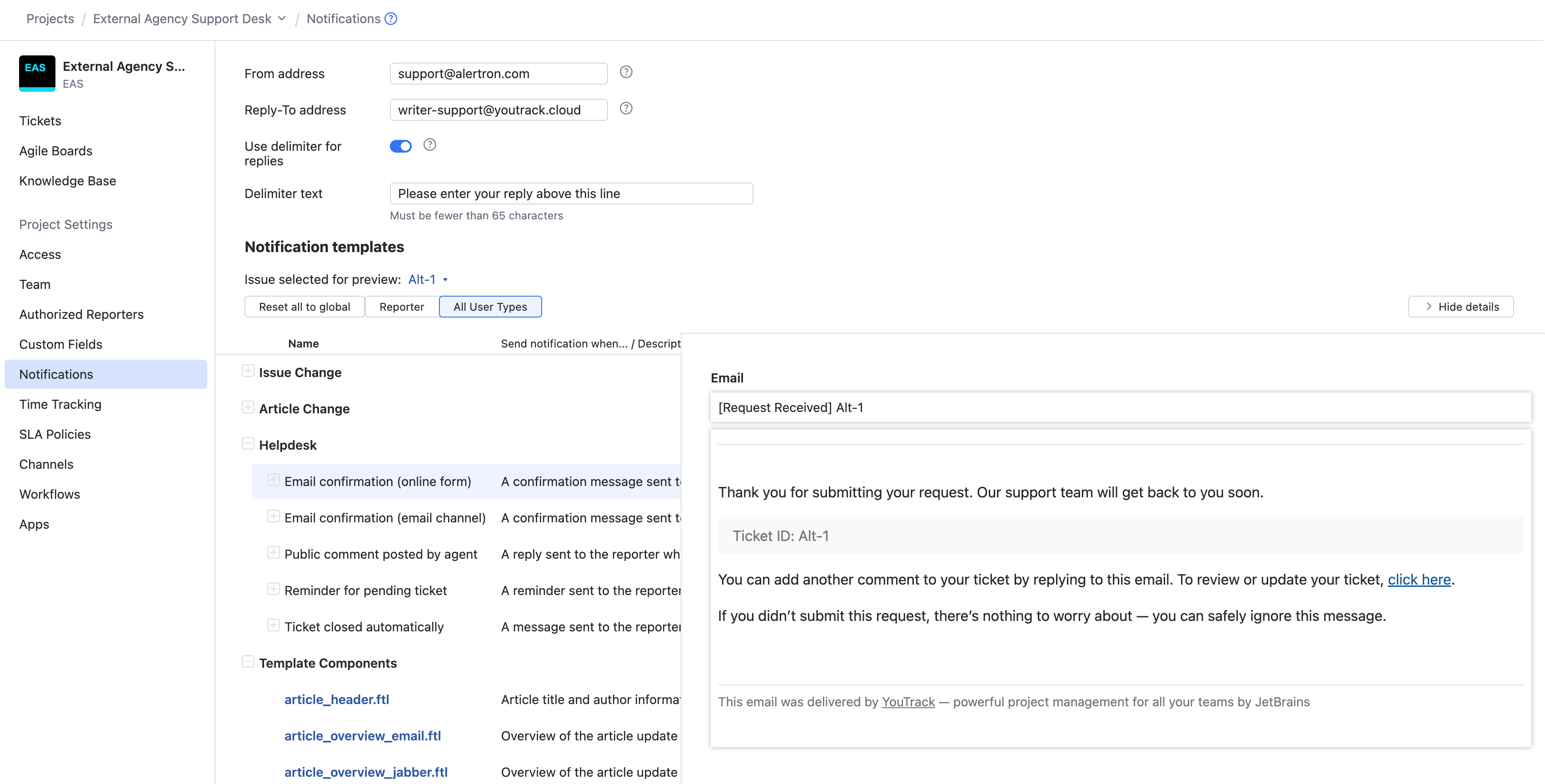 The list of notification templates in a helpdesk project. The list of notification templates in a helpdesk project.