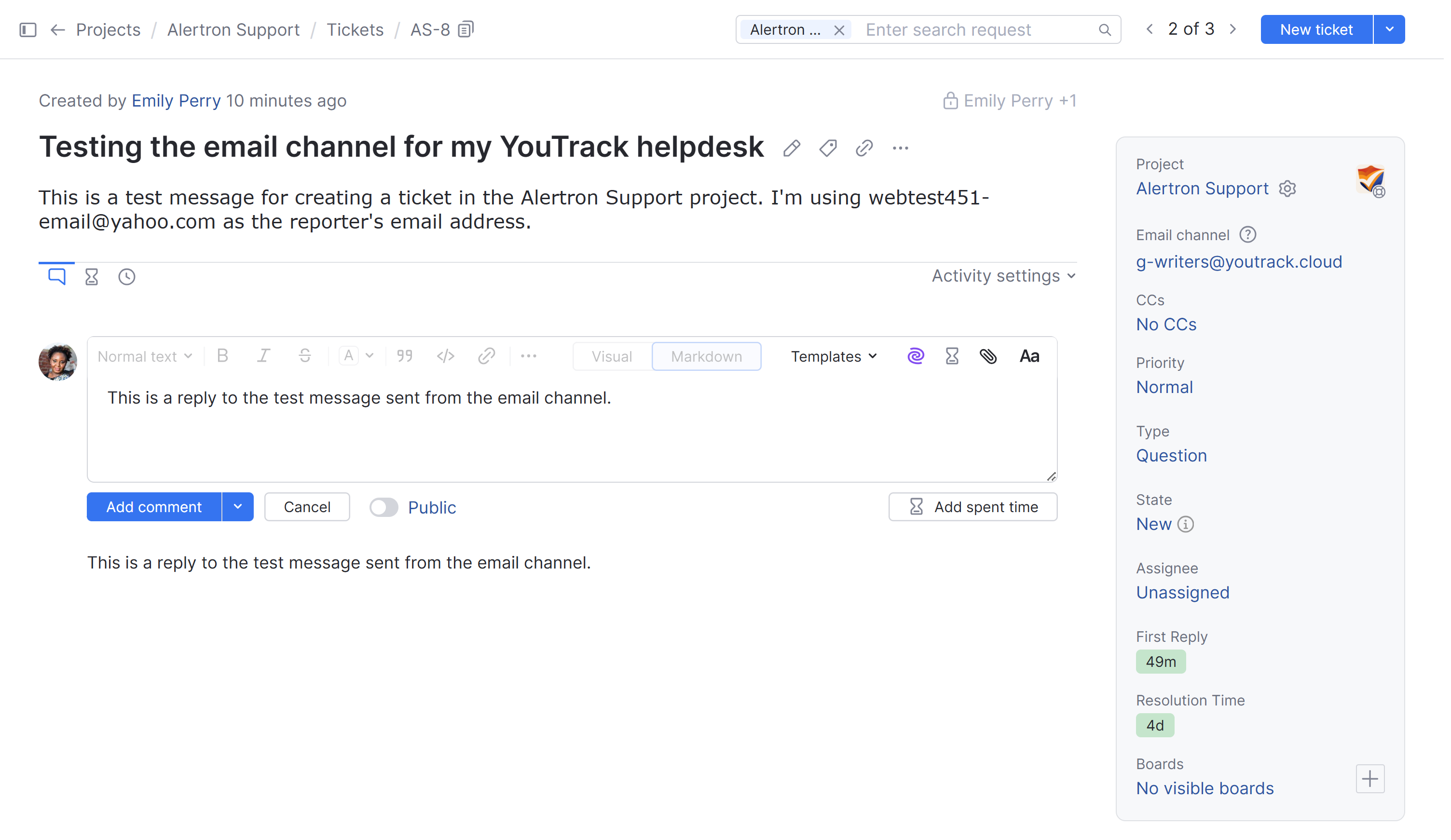 An agent's reply in a ticket created using an email channel. An agent's reply in a ticket created using an email channel.