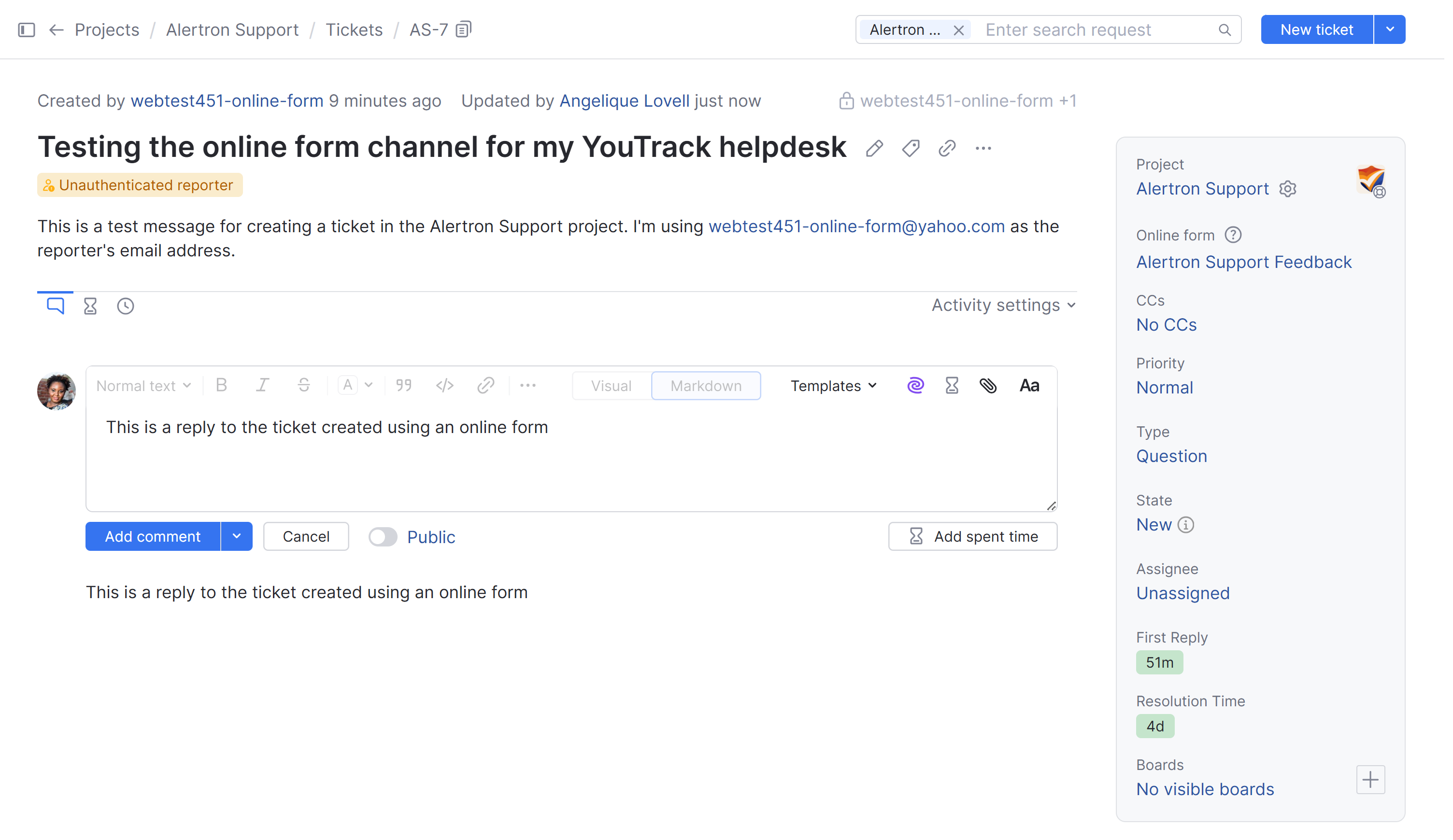 An agent's reply in a ticket created using an online form. An agent's reply in a ticket created using an online form.