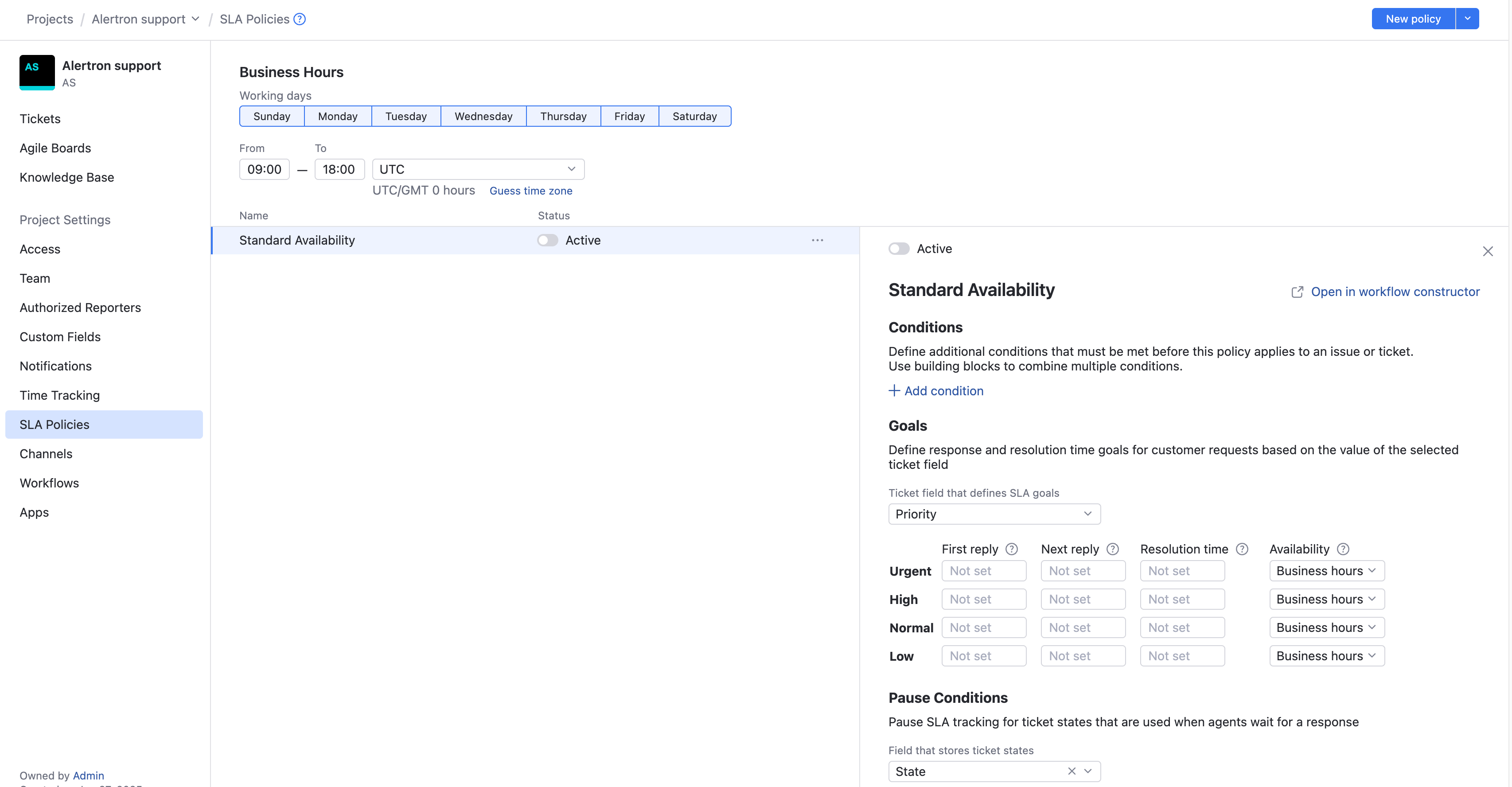 The settings for configuring an SLA in a helpdesk project. The settings for configuring an SLA in a helpdesk project.