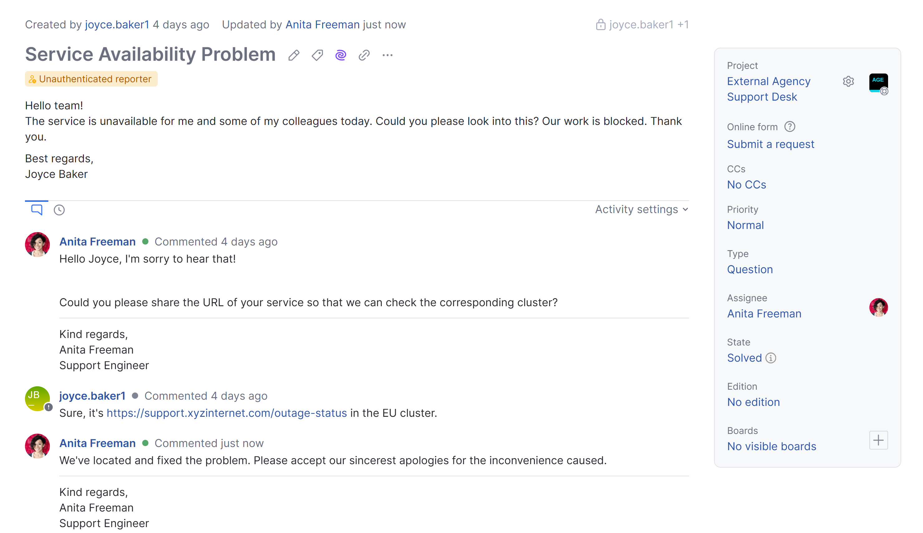 A resolved helpdesk ticket A resolved helpdesk ticket
