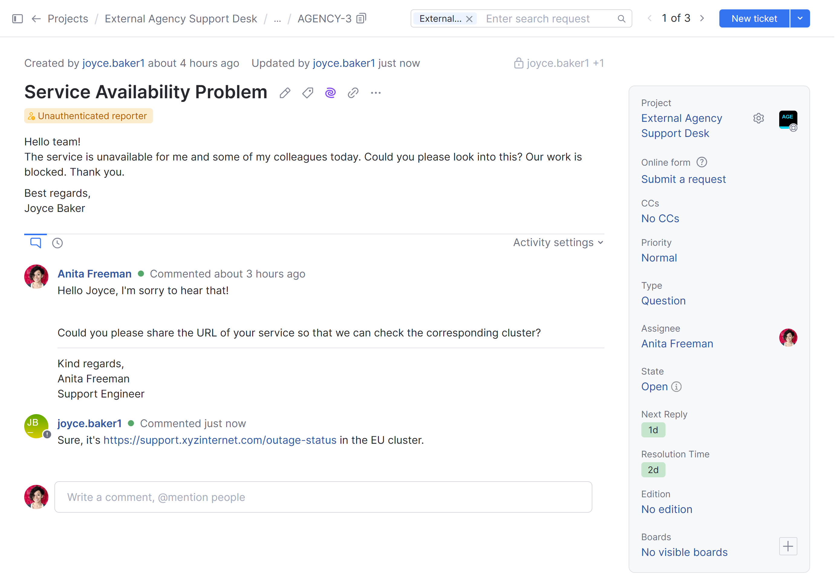 A ticket with a reply from the customer A ticket with a reply from the customer