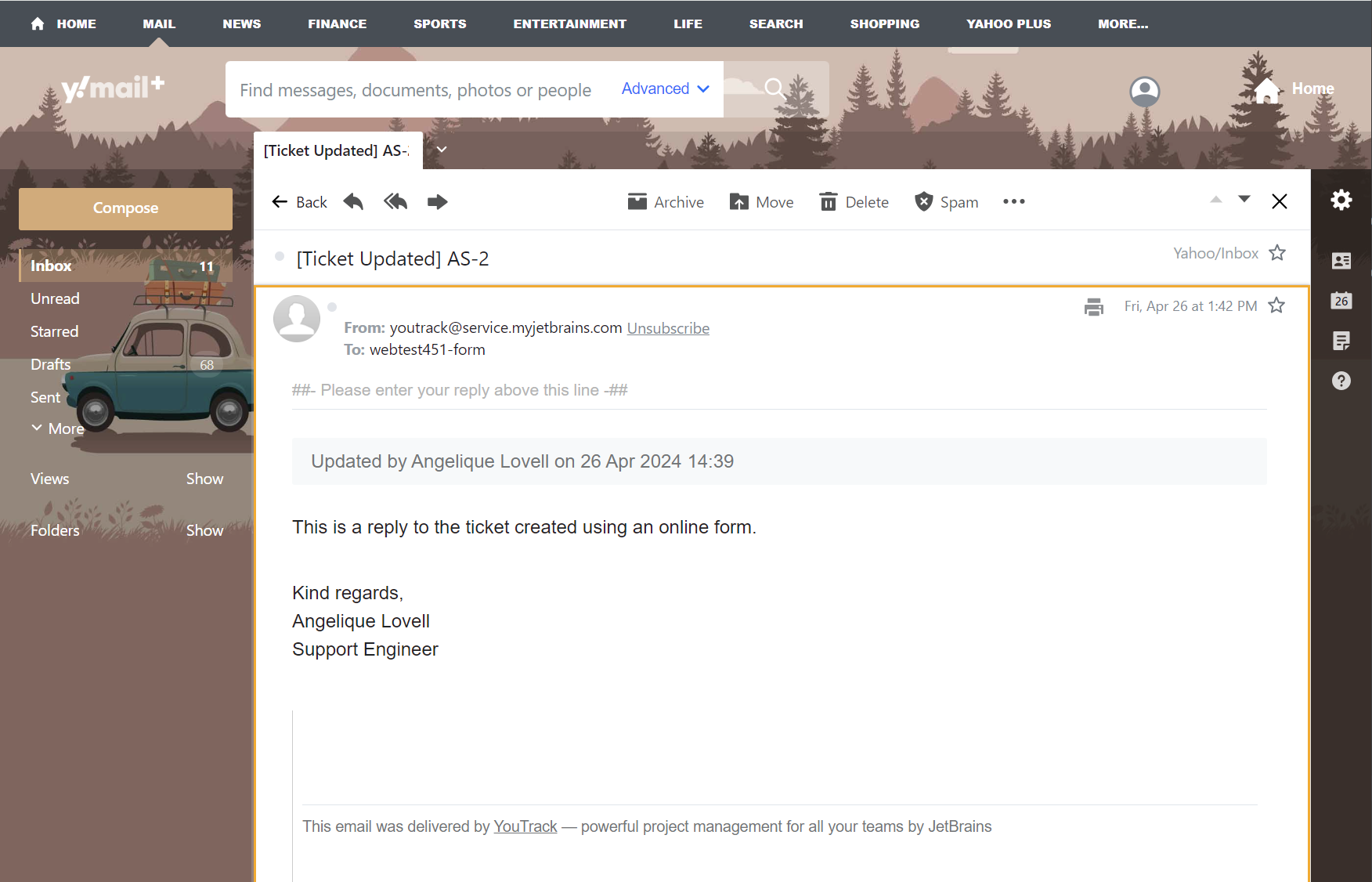 The email that contains the agent's reply in a ticket created using an online form. The email that contains the agent's reply in a ticket created using an online form.