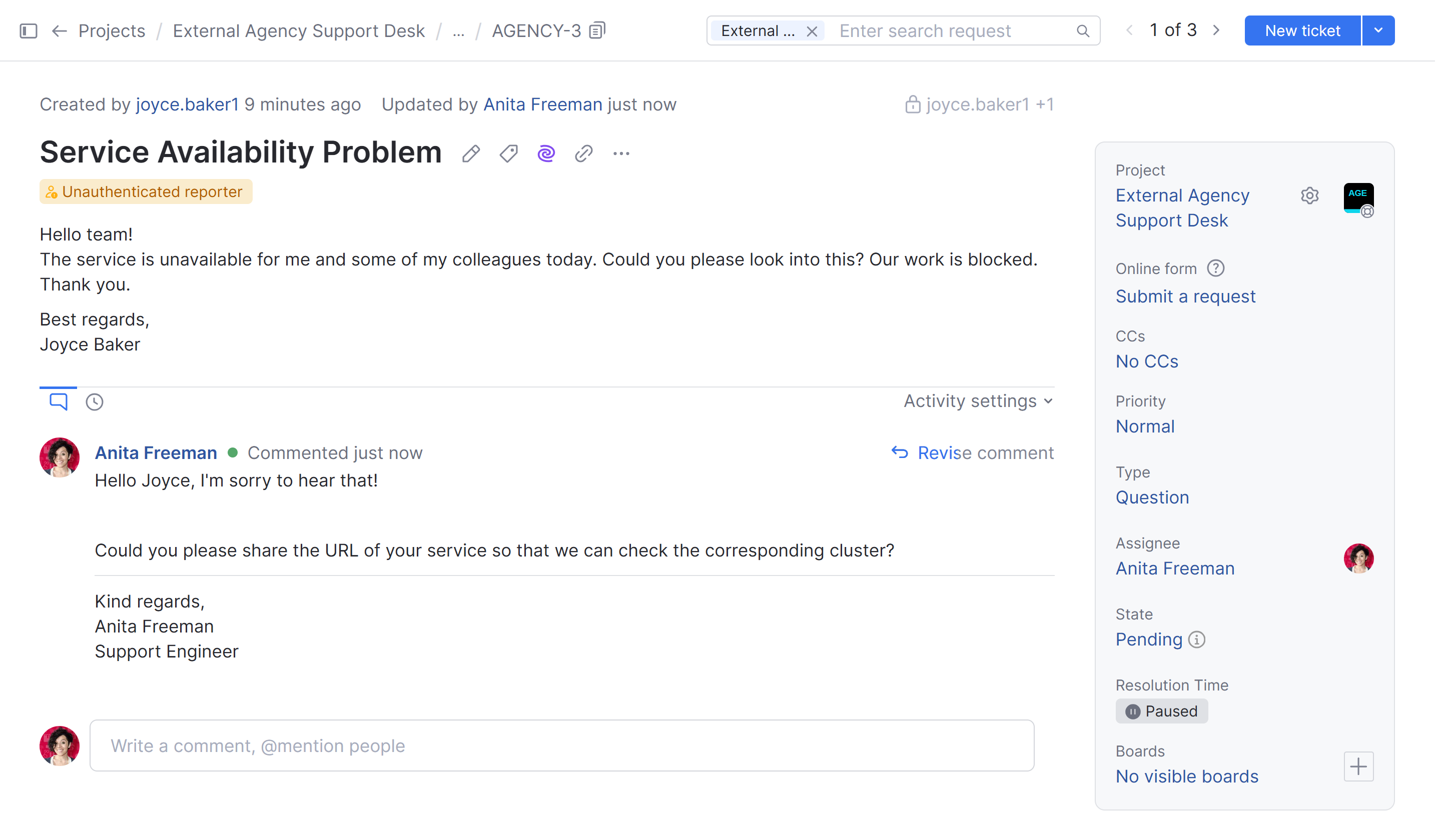A ticket with paused timer A ticket with paused timer