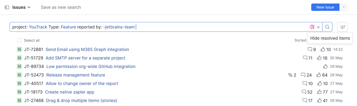 Filter for hiding resolved issues from search results. Filter for hiding resolved issues from search results.