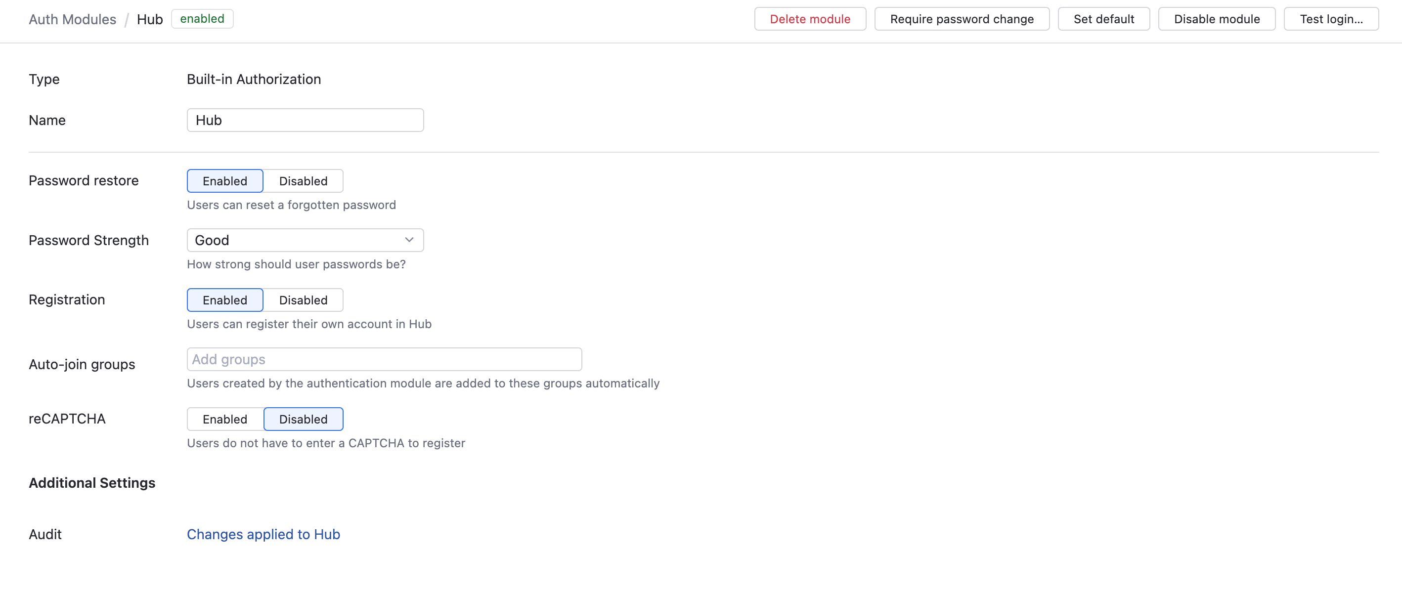 Hub auth module settings Hub auth module settings