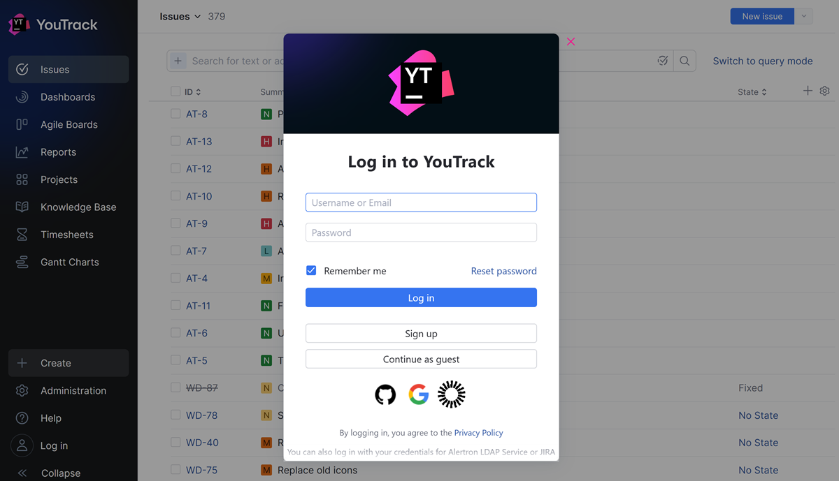 The YouTrack login form. The YouTrack login form.