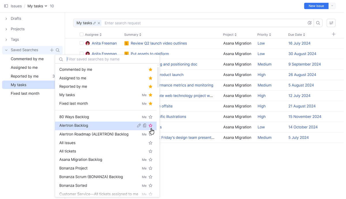 The panel for managing saved searches in the list of issues. The panel for managing saved searches in the list of issues.