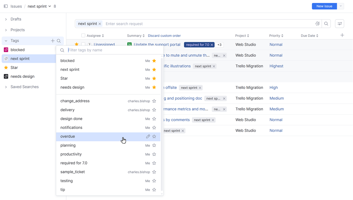 The panel for managing favorite projects in the list of issues. The panel for managing favorite projects in the list of issues.