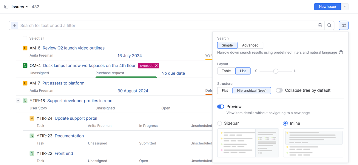 The settings menu in the list of issues. The settings menu in the list of issues.