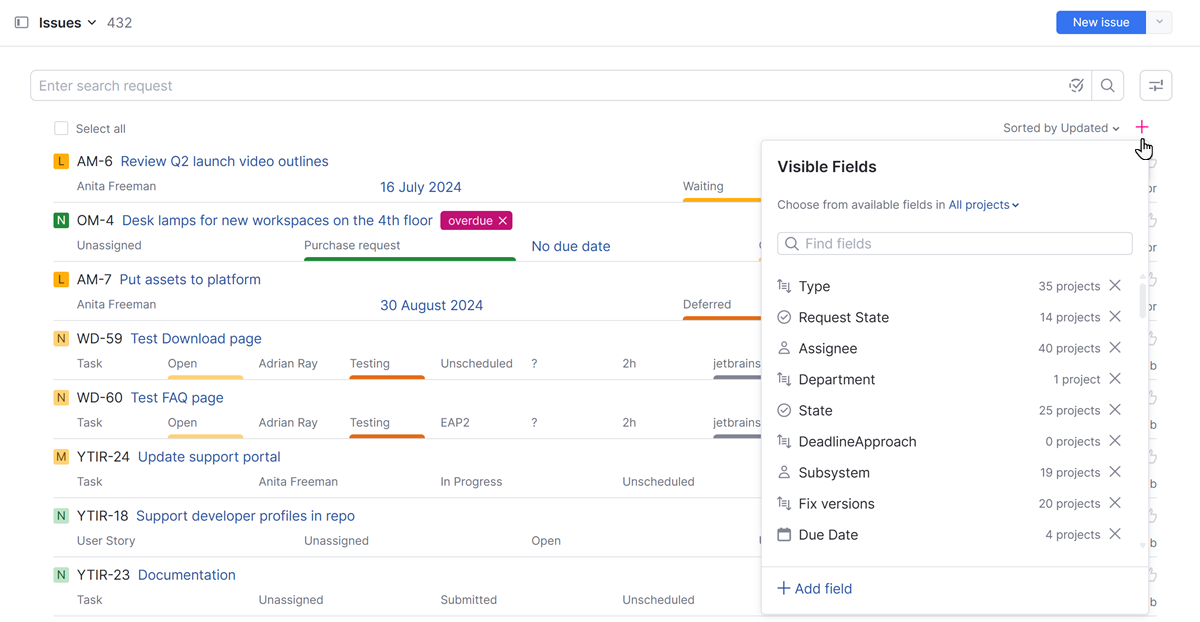 The panel for selecting visible fields in the issue list. The panel for selecting visible fields in the issue list.