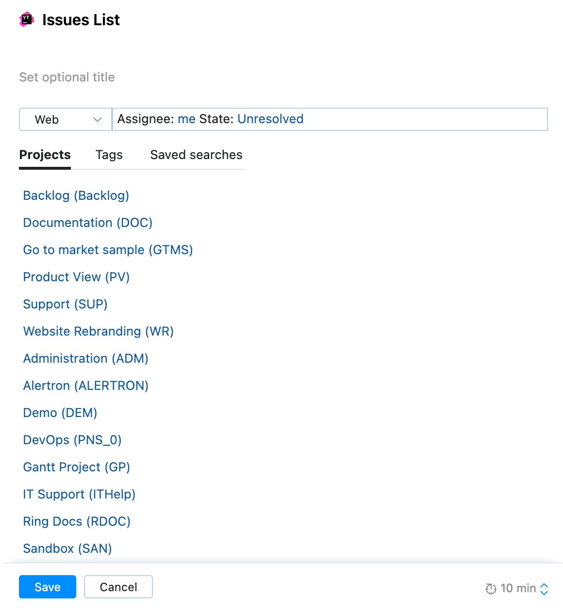 Issue List widget example configuration Issue List widget example configuration