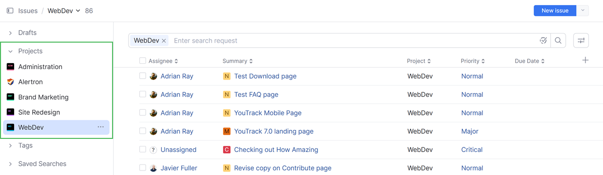 The project section of the issue sidebar in YouTrack. The project section of the issue sidebar in YouTrack.