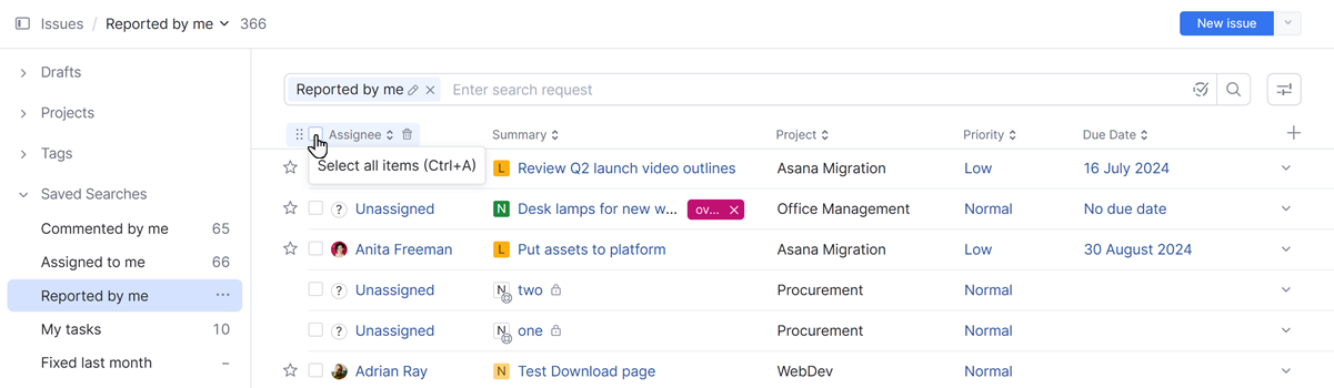 Checkbox for selecting all the issues on the current page. Checkbox for selecting all the issues on the current page.