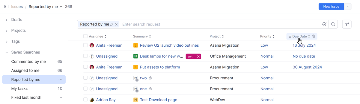 Options for sorting issues in the Issues list Options for sorting issues in the Issues list