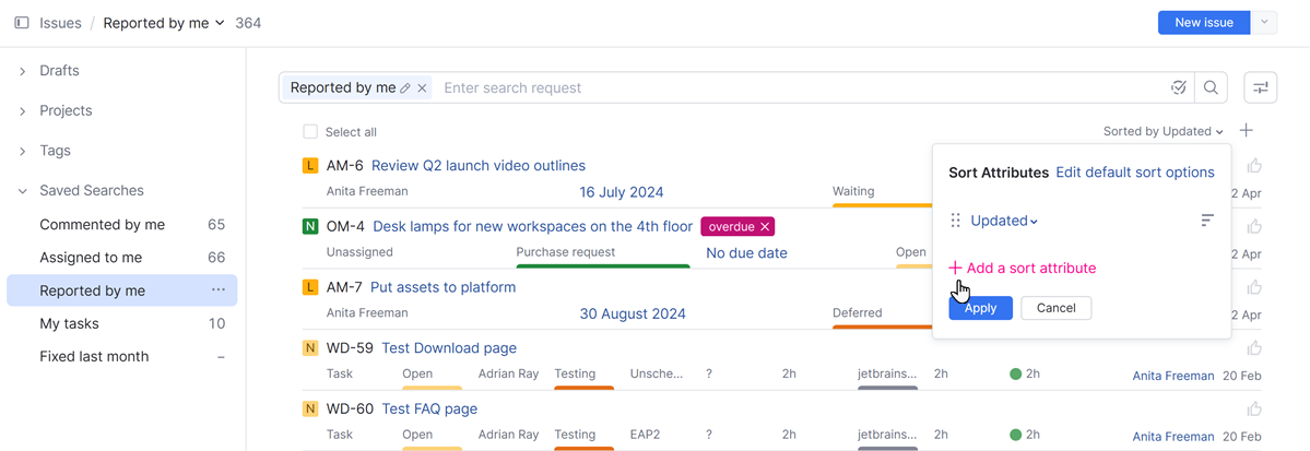 Options for sorting issues in the Issues list Options for sorting issues in the Issues list